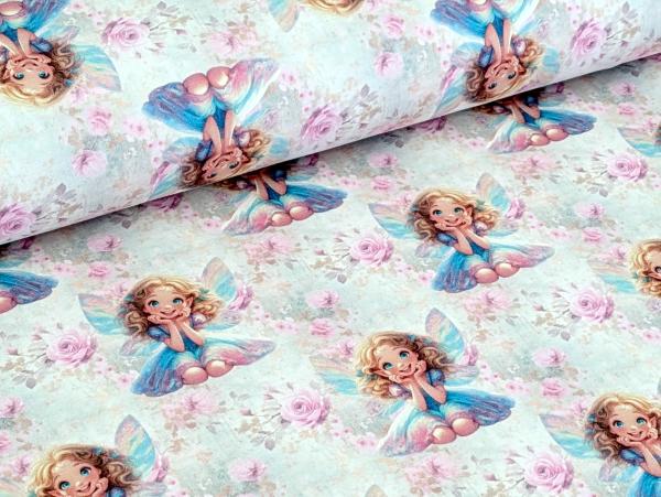 Eigenproduktion French Terry Zauberhafte Fee mit Blumen auf Cremeweiß